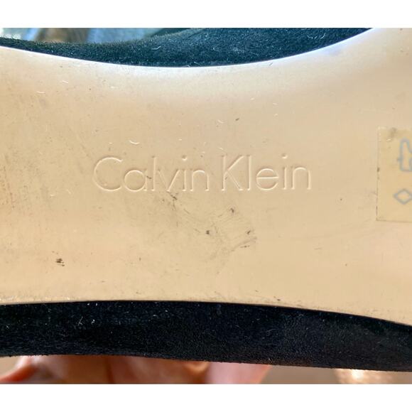 Calvin Klein Women’s Ankle Bootie Stiletto Gold Heel Sz 8.5 Black Suede Leather - Picture 7 of 10